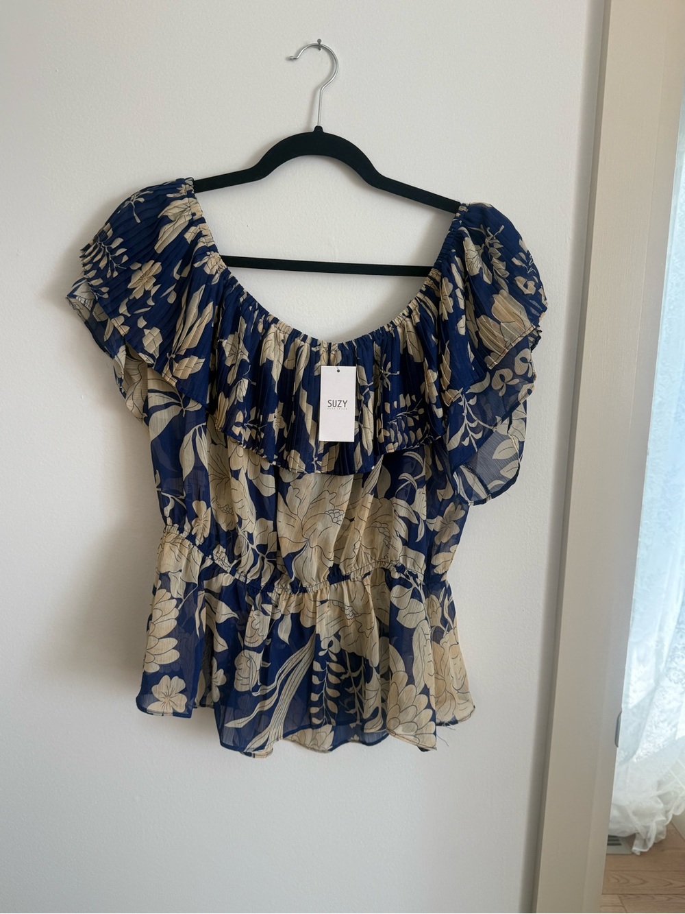 NWT - Navy and Cream Floral Off-Shoulder Ruffle Top